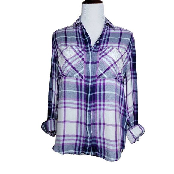 Express Button Down Plaid Long Sleeve Shirt Purple Blue XS - Picture 1 of 11